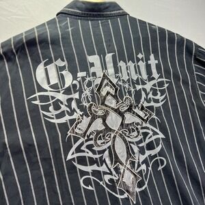G Unit Shirt Men XL Black Button Up Striped Patch Hip Hop Street Heavyweight Y2K